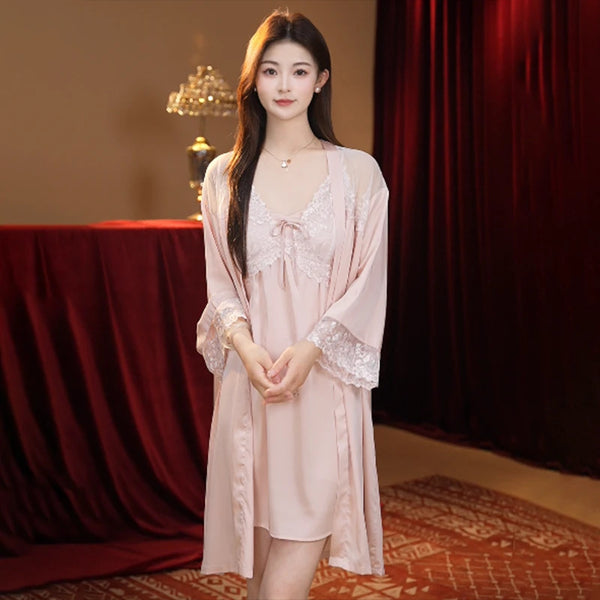 Sexy Nightdress Lace Bow Robe Hanging Two-piece Set